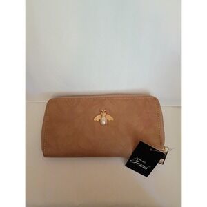 Tems brand zip-around clutch wallet Brown With A Gold And Pearl Accented Bee